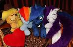 4 pony plushies sleeping, AJ, RD, Luna, Rarity