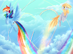 Derpy and Rainbow Dash flying in the sky